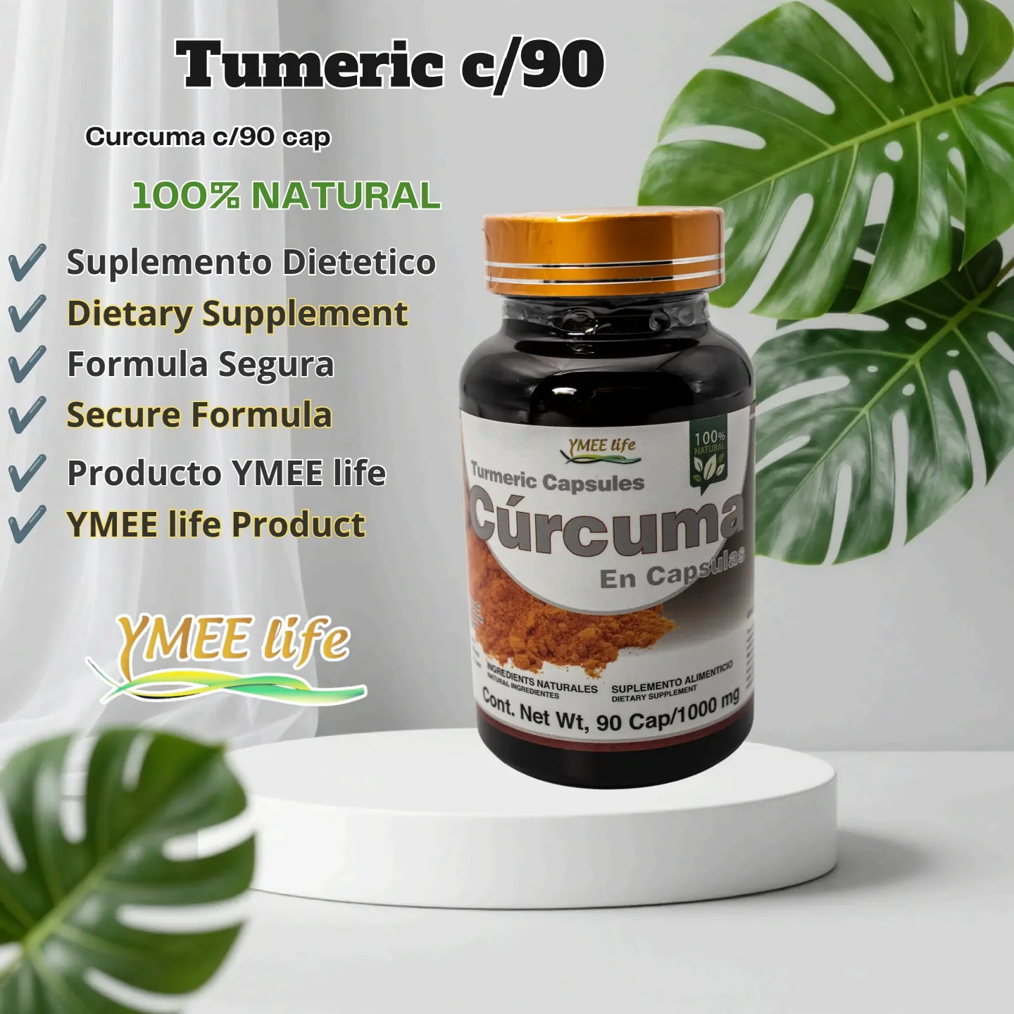 All-Natural Edible Turmeric Dietary Supplement Capsules - 90 Capsules, Pure Curcumin Basic Formula, Anti-Inflammatory Nutrition Support, No Additives, With Lid