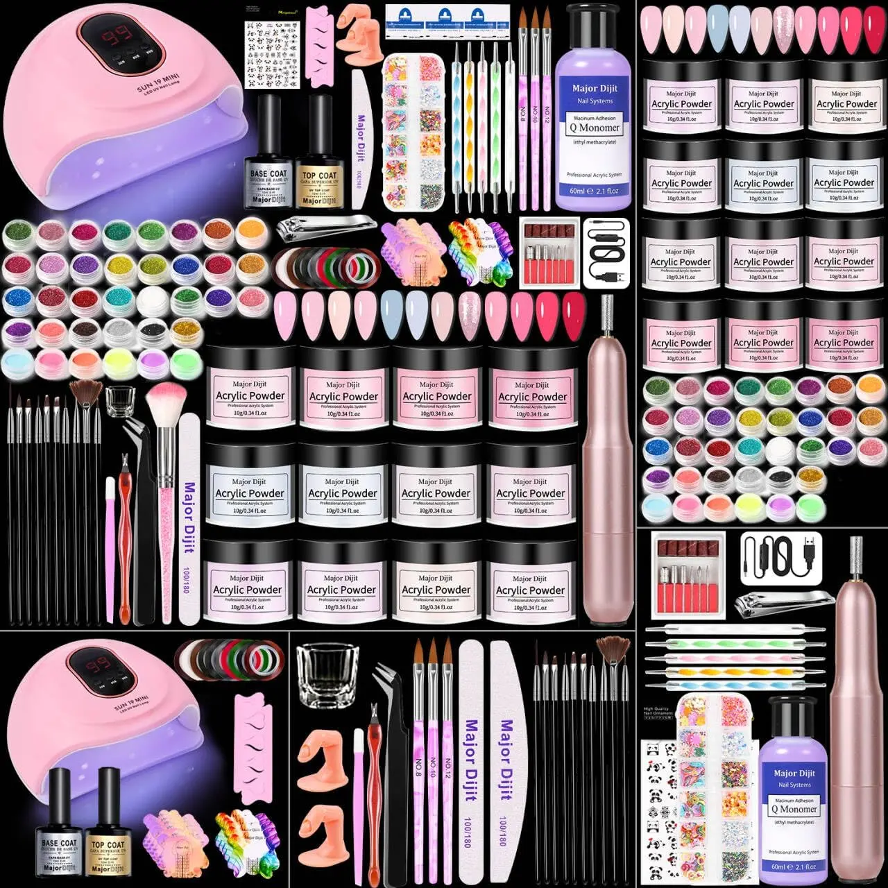 Acrylic Nail Kit with Drill Set, 12-Color Acrylic Powder, Glitter Nail Art Tools, Smooth Base Coat & Manicure Decoration Supplies for Beginner Home Salons, Nail Care