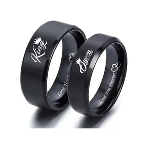 Black Titanium Steel Couple Rings – King and Queen Letters, Heart to Heart Design, Gift for Him & Her