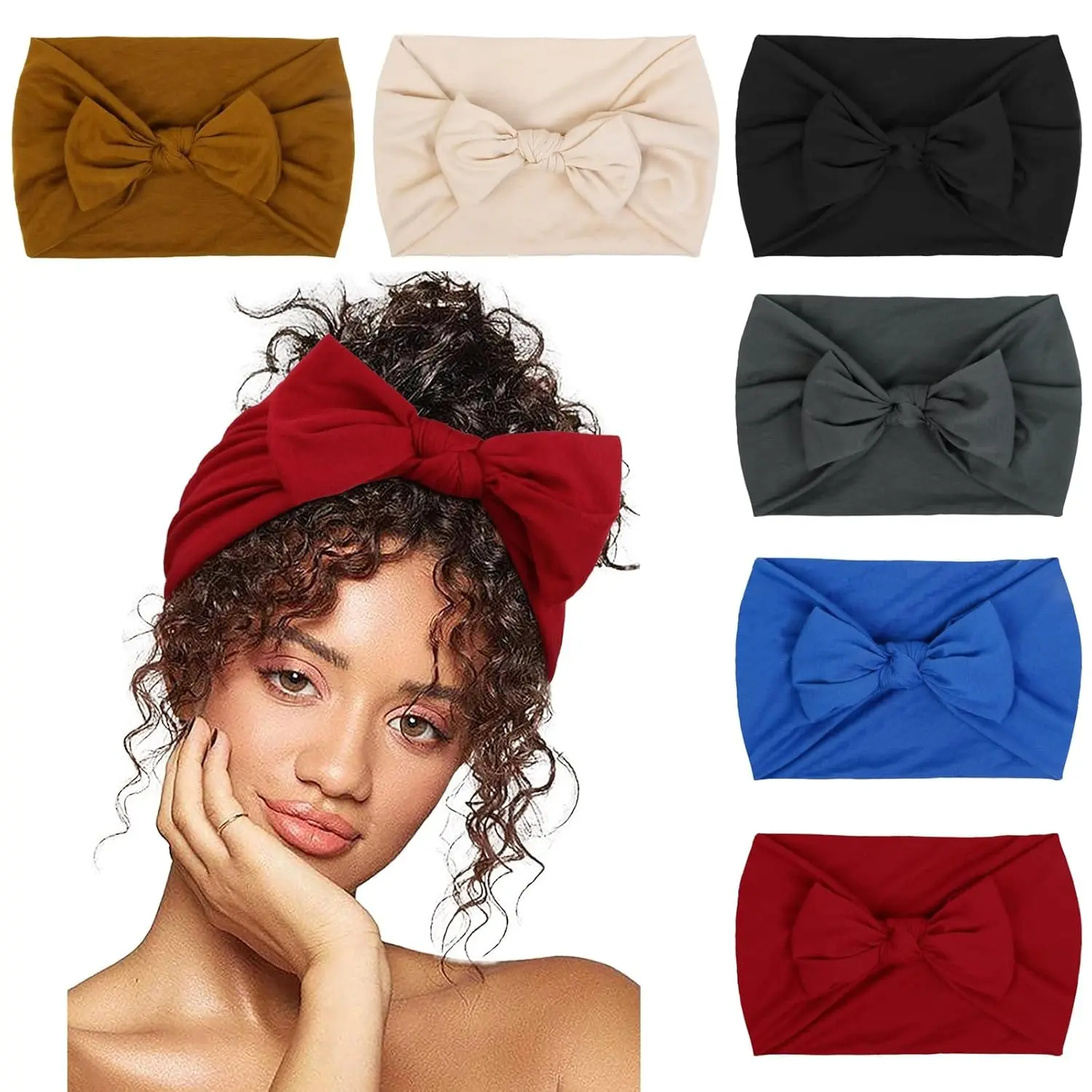 Women's 6-Pack Cute Bow Headbands, Elastic Wide Knot Design, Breathable Boho Style Hair Accessory for All Seasons, Hair Bows Headbands, Fashion Headbands, Bowknot Hair Band, Hairbands, Boho Hair Accessories