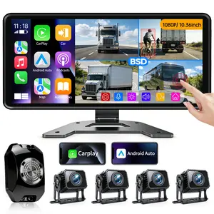 ConewVehicle Truck Backup Camera System with Carplay Android Auto,10.36" Quad Split Touch Screen Monitor with MirrorLink Voice Control Navigation ,1080P 4 AHD Rear View Camera,DVR Loop Recording,Night Vision Waterproof for RV Trailer Camper Semi-Truck