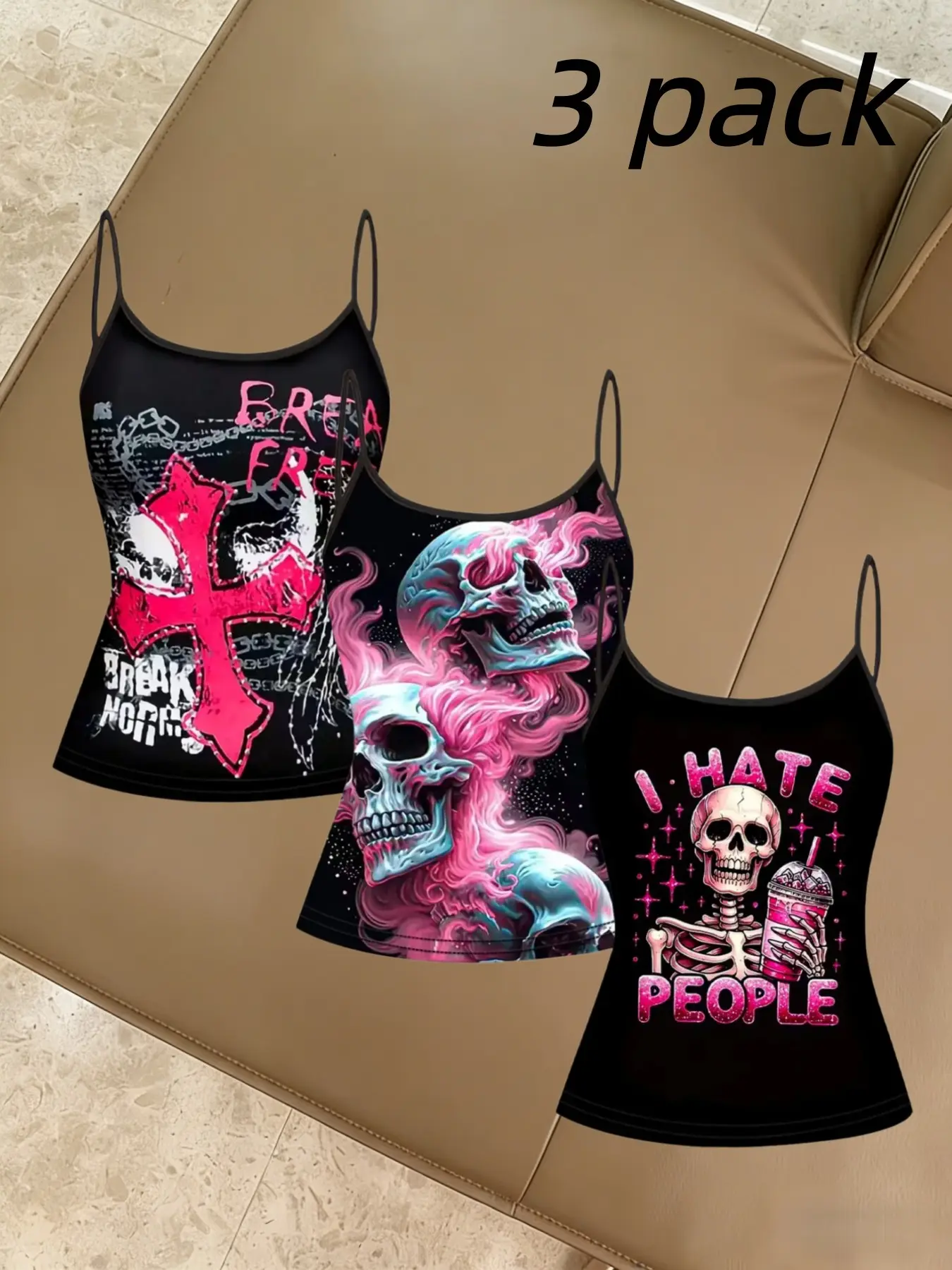 Plus Size Women's Digital Print Spaghetti Strap Strappy Cami Tank Tops, Punk Rock Festival Style, Skull Print, Three-Piece Set, Fashionable and Comfortable