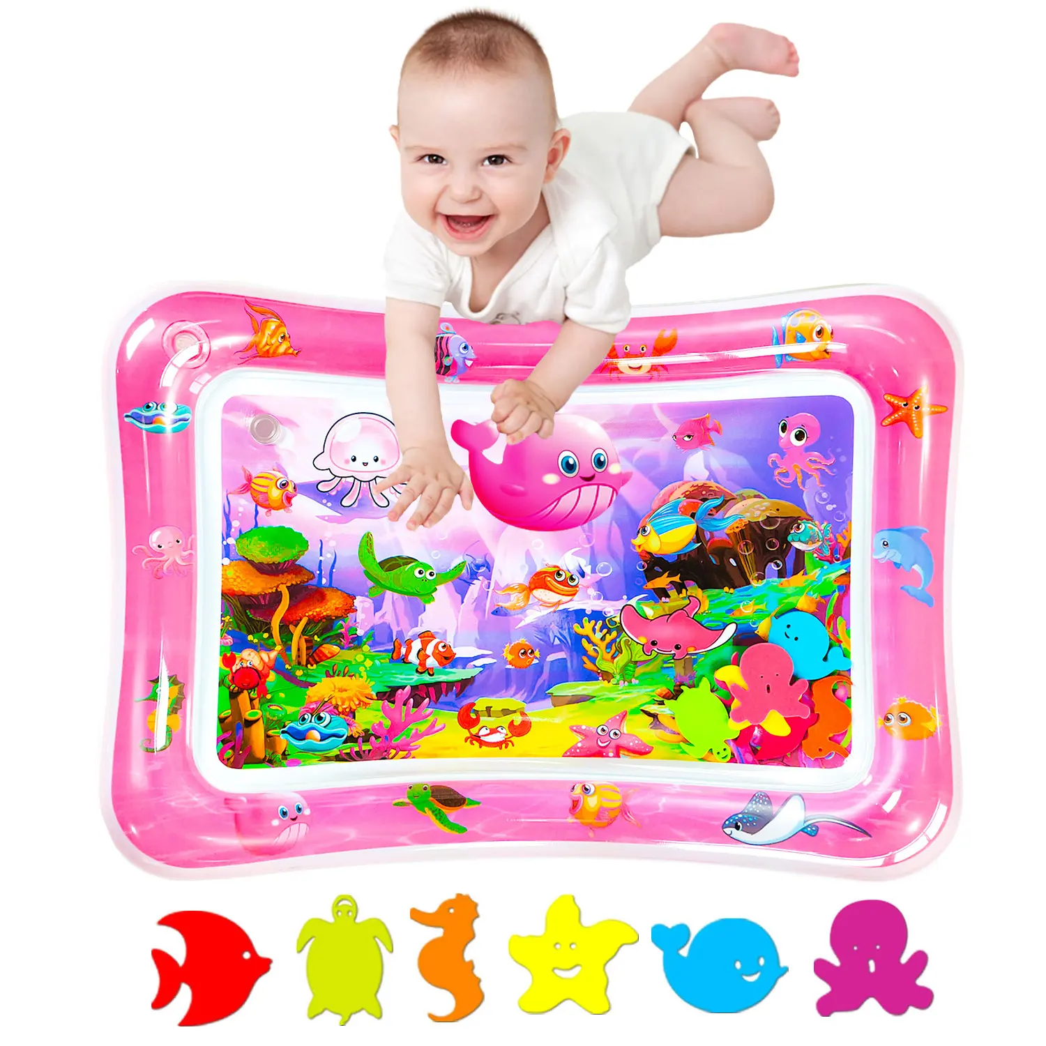 Inflatable Tummy Time Water Mat for 3-18 Months Babies - 26 x 20 Inch, Seabed Marine Theme, Sea Animals Design, BPA-Free, Leak-Proof Learning Sensory Pool Water Toy, Toddler Gift