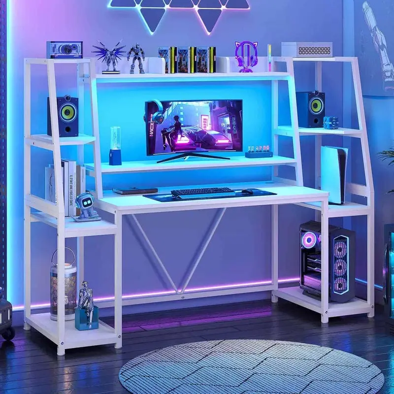 Sikaic 65.7 Inches Large PC Gamer Gaming Desk With LED Lights Hutch And Storage Shelves Monitor Stand Office Furniture Bookcase Multipurpose Bookshelf Adjustable Height Table Adjustable Height Display