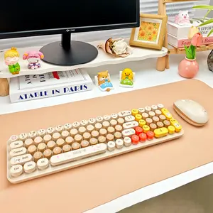 MOFii 1 Set Milk Tea Color Wireless Computer Keyboard and Mouse Combo, Cute Cartoon for Girls Office, 2.4G Plug and Play, US QWERTY (Batteries Not Included)
