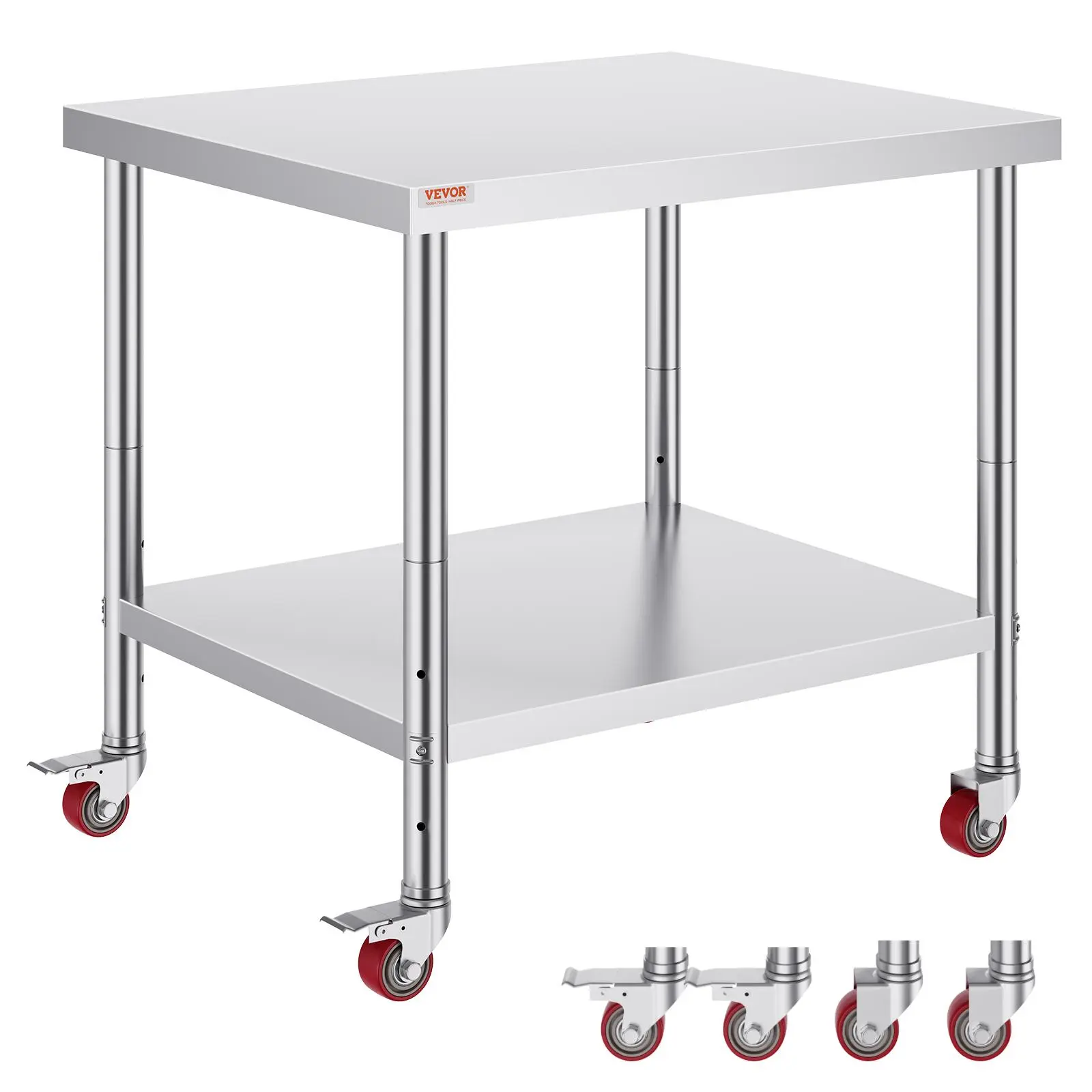 【Summerfinds】VEVOR Stainless Steel Work Table 36 x 30 x 34 Inch, 700 LBS Load Capacity with 4 Wheels, 3 Adjustable Height Levels, Heavy Duty Food Prep Worktable for Commercial Kitchen Restaurant, Silver