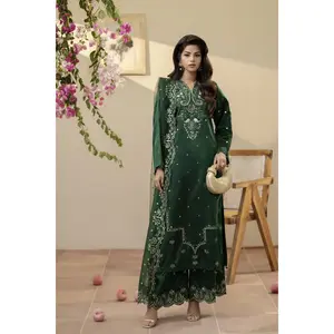 Emerald Green Embroidered Silk Dress – Mehek by Mona MBM1