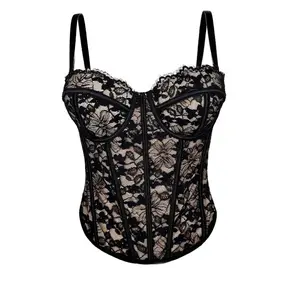 Women's Sleeveless Black Lace Cami Top, Fishbone Corset Push Up, Lace Camis Under Shirt for Inner or Outer Wear