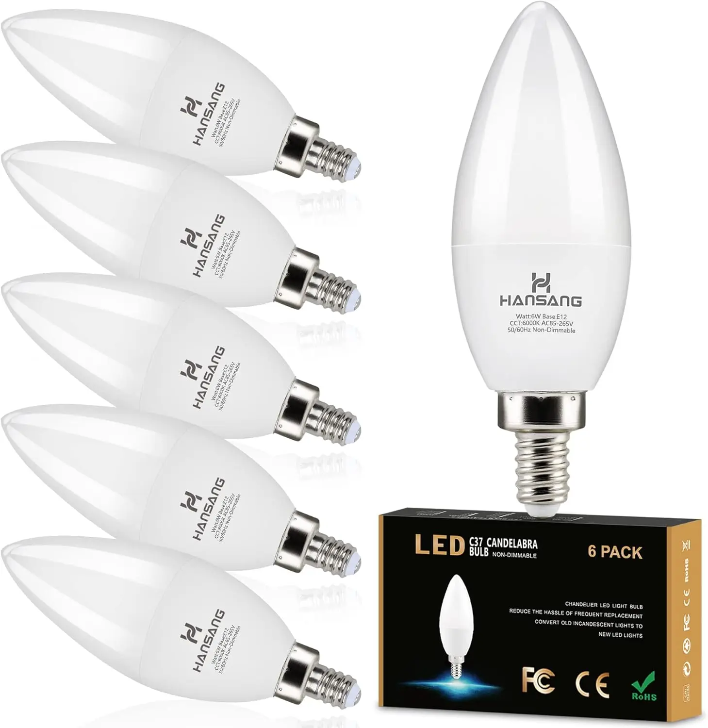 6-Pack E12 Candelabra LED Light Bulbs, 6000K Cool Daylight White, 6W (60W Equivalent), B11 Type B Small Base, 600 Lumen Non-Dimmable Bulbs for Chandelier, Ceiling Fan