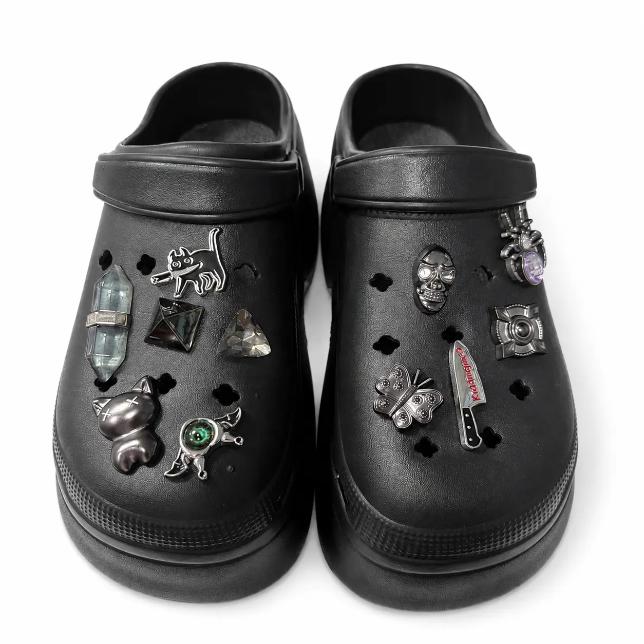 Women’s Halloween Gothic Platform Clog Shoes with Black Cat Skull Crystal Spider Mystical Eye Charms, Chunky Thick Sole Slip On Mules, Convertible Back Strap, Alternative Punk Grunge Festival Costume Casual Footwear