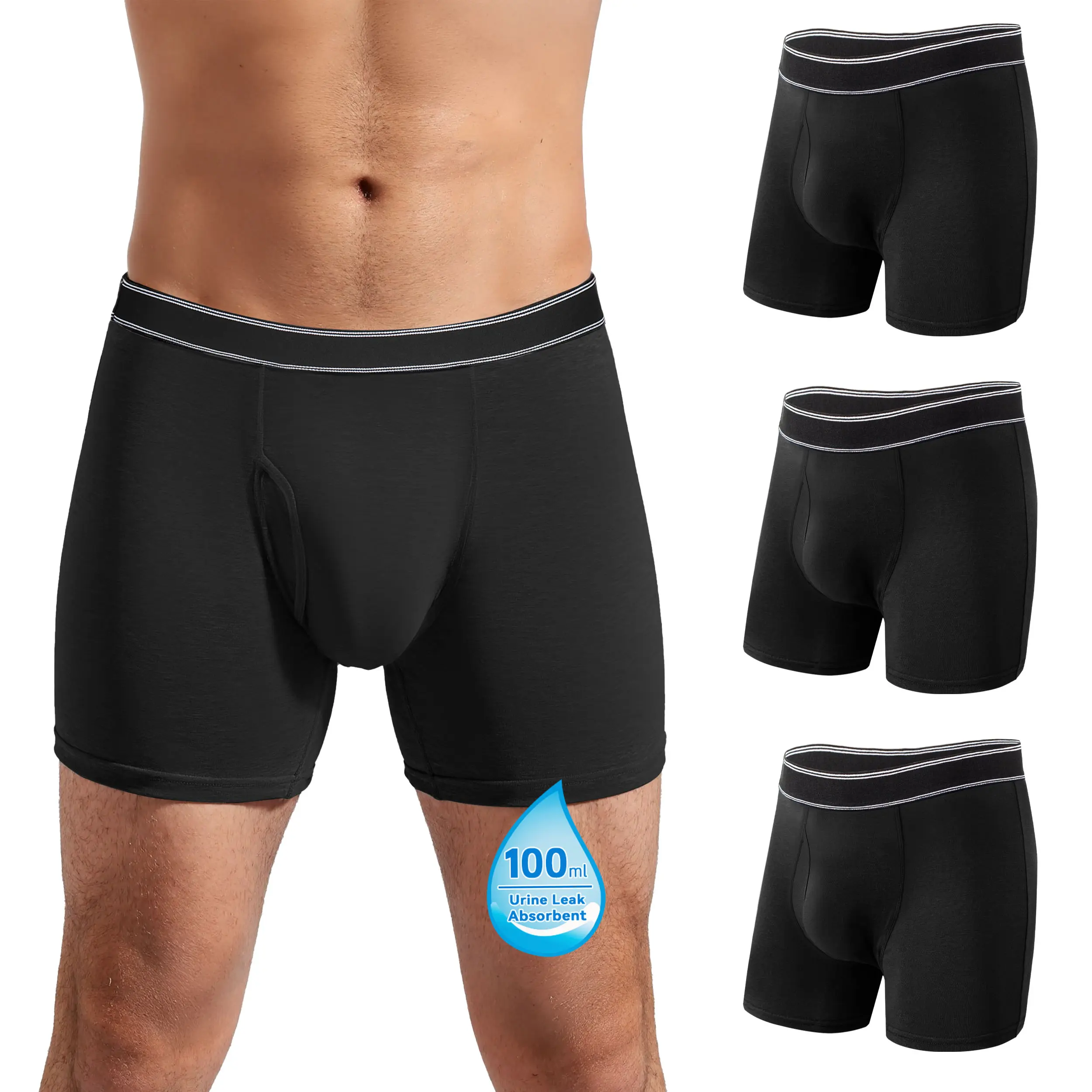 Mens Washable Cotton Boxer Briefs - Menswear Protective Incontinence Underwear, Elastic Plain Boxers, 100ml Absorbency Leakproof Design, Cotton Blend