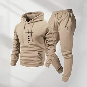 Men's Faith Printed Hoodie & Drawstring Sweatpants Set Casual Athletic Long Sleeve Hooded Jacket & Trousers for Fall Winter Daily Wear Sportswear Indoor Outdoor Tracksuit Athleisure