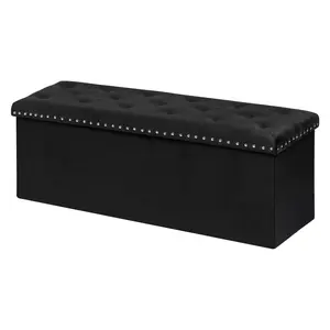 Velvet Ottoman Bench with Large Storage Space, Long Rectangle Folding Storage Ottoman Bench Bed Seat with Lift-Off Lid, Black Grey Color Storage Box Chest