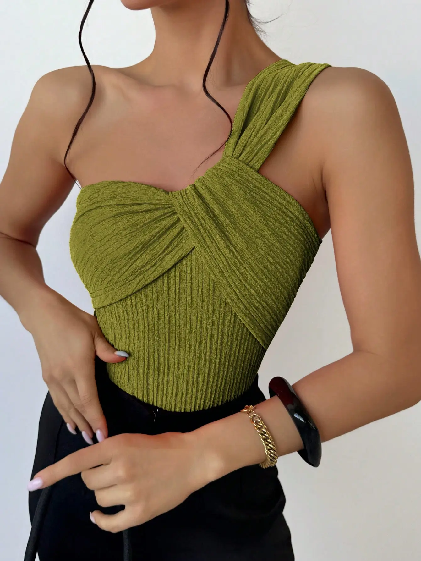 Elegant Vacation Jacquard Slimming One Shoulder Bodysuit With Twisted Front