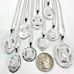 Virgin Mary Our Lady of Guadalupe and San Judas 925 Silver Necklace for Women and Men - Unique Charms with Miraculous Medal Design Hot Pink Sterling