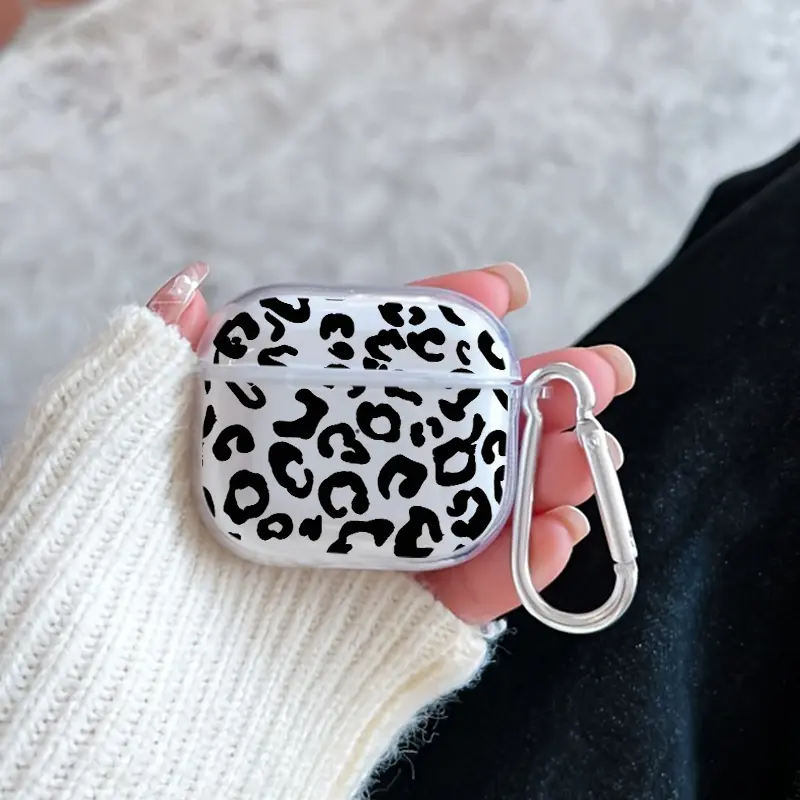 Leopard - print grace Pattern Protective Case for AirPods 4/3/2/1/Pro/Pro2 Soft TPU Earphone Cover, Transparent with Keychain