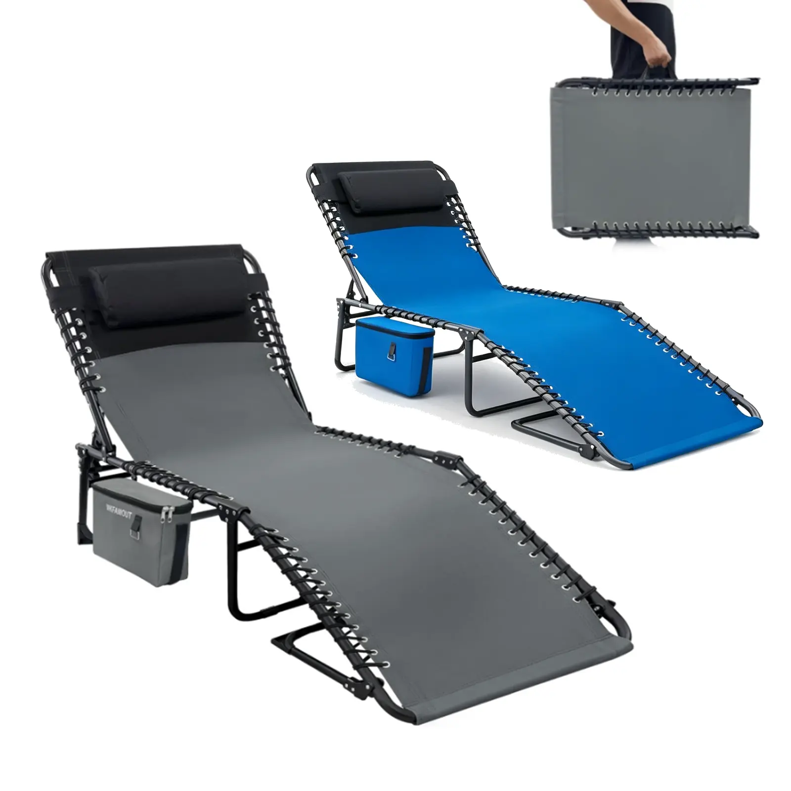Chaise Lounge Chair, Outdoor Folding Tanning Chair, 5-Position Adjustable Patio Sunbed with Removable Pillow Side Pocket and Carry Handle, Suitable for Beach Pool Garden Camping