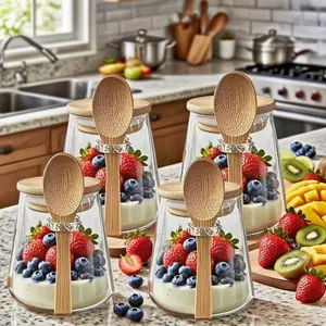 1/2/4 Pack 300ML Glass Oatmeal Cups with Lid and Spoon, Transparent Dessert Bowls, Overnight Oats Containers, Kitchen Storage Containers, Party Supplies