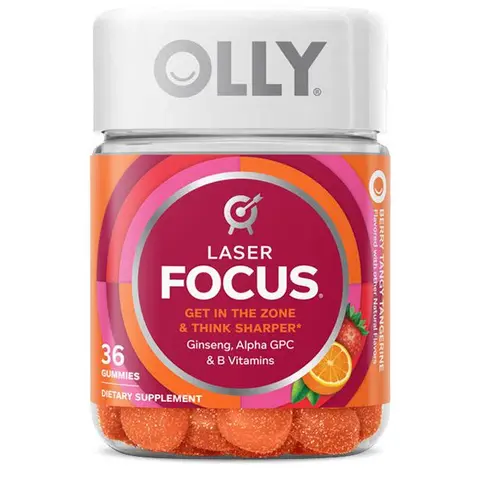 OLLY Laser Focus Brain Health Nutrition Supplement Gummy - Gluten-Free Self-Care Fruit Candy, with Ginseng, Alpha GPC, B Vitamins, Berry Tangerine Flavor, 36 Pieces Bottle, 18-Day Supply