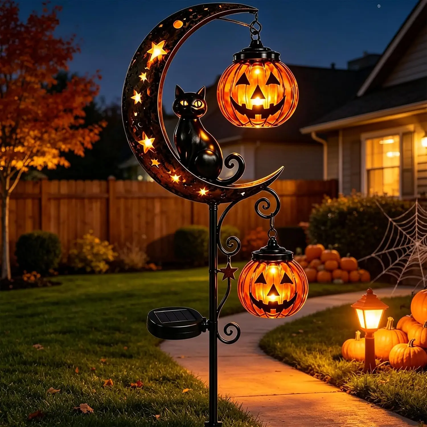 Solar Halloween Black Cat Garden Stake Lights, 34-in Warm LED Pumpkin & Moon Lanterns, Weatherproof Outdoor Festive Decor, Suitable for Courtyard, Lawn, Porch