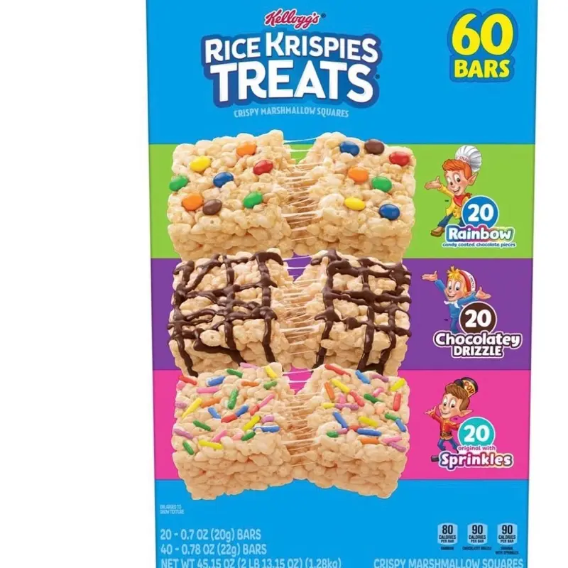Kellogg's Rice Krispies Treats Squares Variety Pack 60 Bars 20 Rainbow 20 Chocolatey Drizzle 20 Sprinkles
