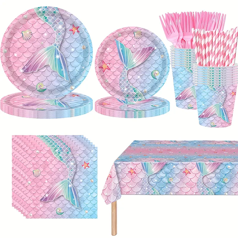 145-Pc Iridescent Print Disposable Dinnerware Set - Under The Sea Tablecloth Supplies (Plates, Cups, Napkins, Cutlery, Straws) with Mermaid Tails, Seashells Decor for Kids Birthday, Pool Parties