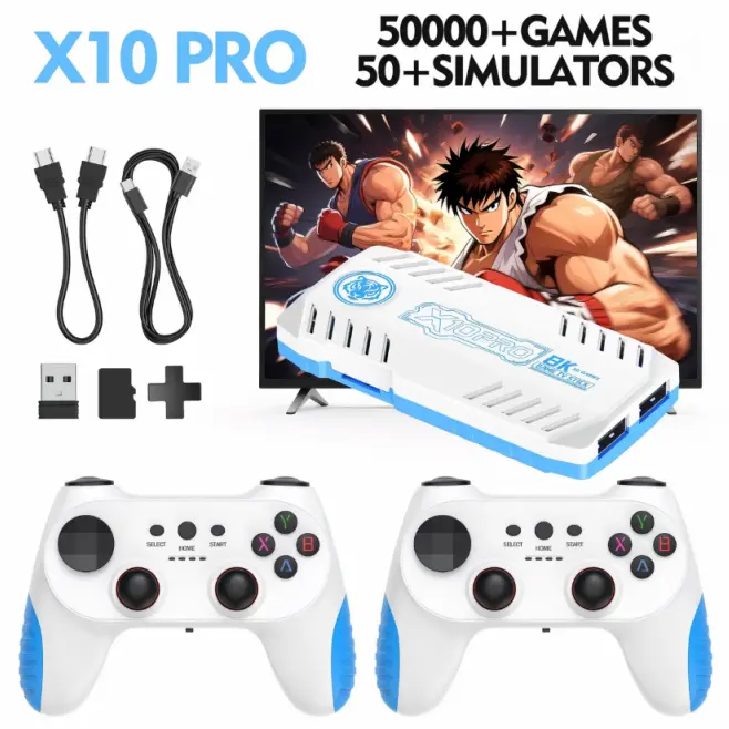 X10 Pro Retro Video Game Console - 128GB Wireless Home Gaming Machine with 2 Wireless Controllers, HDMI Port, Cells, Plug & Play for Adults, Blue-White/Black-White