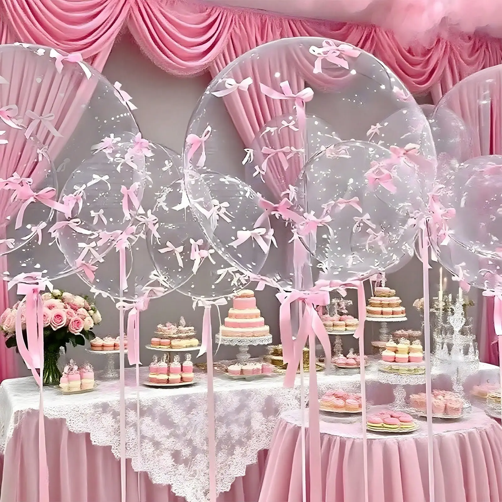 92-Piece Transparent Square Balloon Set with Pink Bow Decor, 20in Letter Print Balloons for Valentine’s Day, Wedding Engagement Decor (Home & Festive Party Supplies)