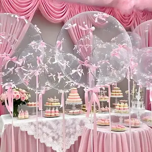 92pcs/set 20inch Transparent Balloon with Pink Bow, Suitable for Internet Celebrity Outdoor Photo, Bow Decoration, Valentine's Day, Birthday Party, Holiday Event, Wedding Engagement Decoration, Bridal Shower, Christmas Decor,Holiday Gift