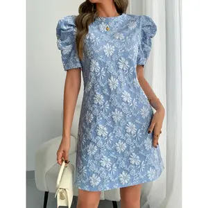 Flower Jacquard Bubble Sleeve Mini Dress | Elegant A-line Embossed Women's Party Dress | Unique Light Blue Summer Cocktail Party SetRAIMENTRY