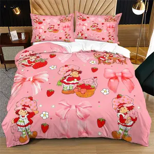 Strawberry Shortcake Bedding Set, Vintage Girl Pattern, Suitable for Kids and Young Adults, Includes 1 Fitted Sheet and 1 or 2 Pillowcases