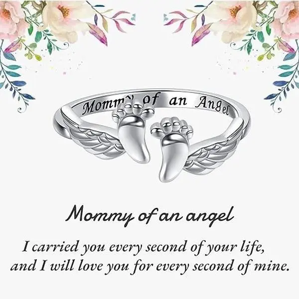 1 Pcs Miscarriage Gifts for Mothers Mommy of an Angel Wing Ring Pregnancy Loss Son or Daughter Ring Silver Mom Feather Rings Mother's Day Gifts