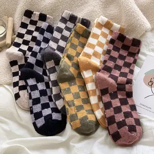 6 Pairs Women'S Gingham Pattern Mid-Calf Socks, 95% Polyester 5% Spandex Blend, Thick Vintage Checkered Autumn Winter Fashion, Casual College Style, Hand Wash/Dry Clean Fabric Womenswear Comfort Multicolor Plaid