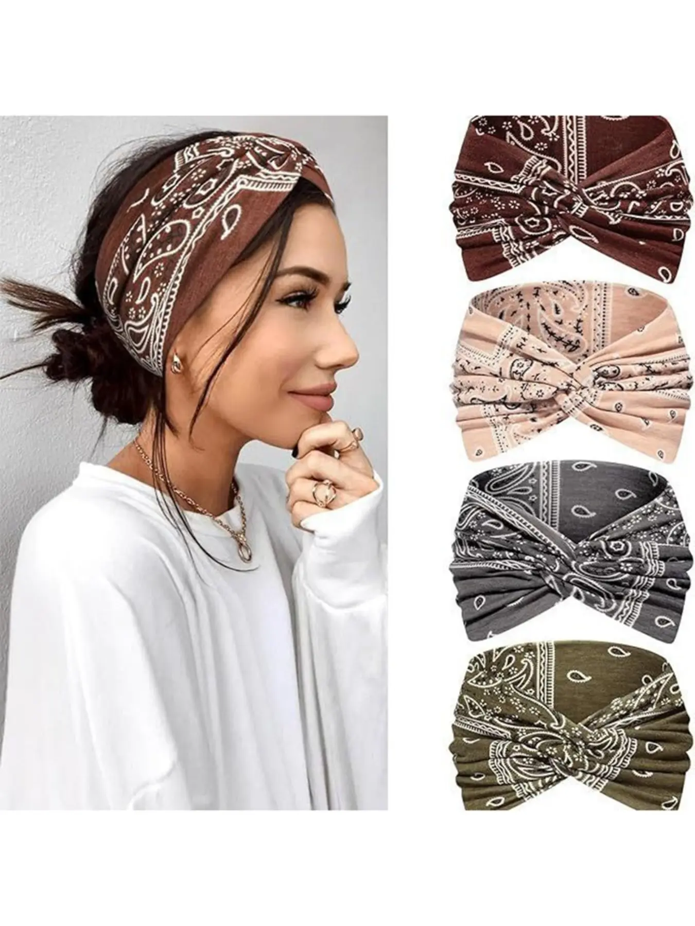 Women's 4-Pack Boho Bohemian Knot Elastic Fashion Headbands, Wide & Thin Elastic Bow Hairbands, Vintage Solid Color, Stretchy Non-Slip, Sports, Yoga, Workout, All-Season