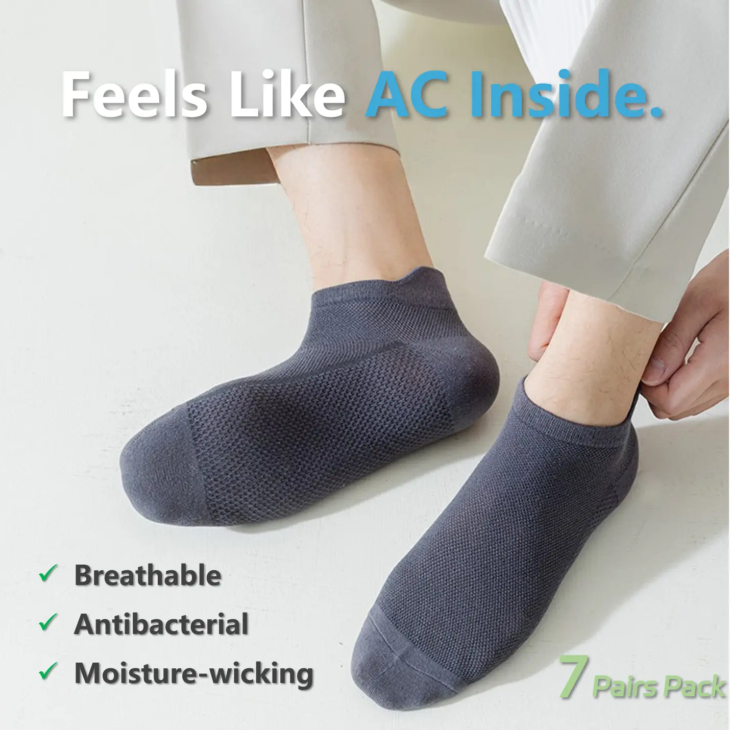 Men's Cooling AC Socks [7-Pair Pack] - Menswear, Plain, Antibacterial, Moisture-Wicking, Sweat-Resistant Summer Comfort Socks