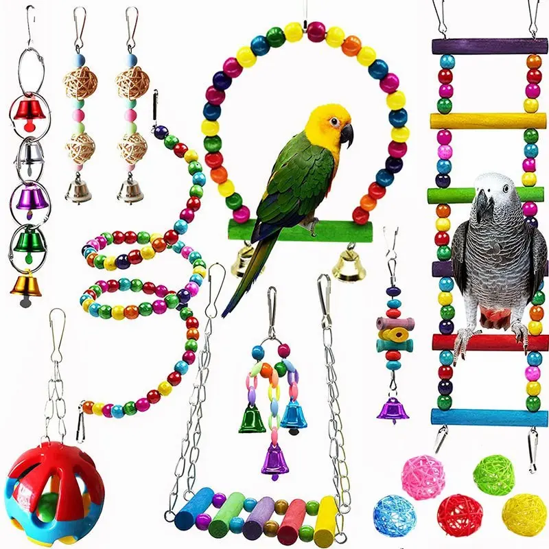 Handmade Natural Wood Colorful Bird Toy Set with Hanging Hammock, Standing Perch, Climbing Ladder & Crisp Bell Sound - Chewing-Resistant, Boosts Engagement - Pet Supplies for Bird Lovers, Starlings, Cockatiels, Cockatoos, Finches (15 Pieces, Random Color)