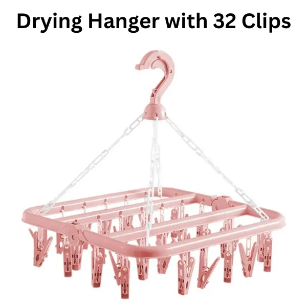 Plastic Multifunctional Clothes Drying Hanger Rack - 32 Clips, Drip Tray, Adjustable Hooks, Foldable Compact Storage, Household Organizer for Baby Clothes, Socks