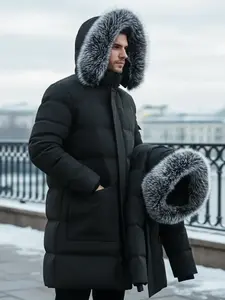 Winter Men's Mid-Length Hooded Quilted Outerwear Jacket with Detachable Hood, Large Pockets, Thick Warm Casual Outerwear for Daily Outdoor Use