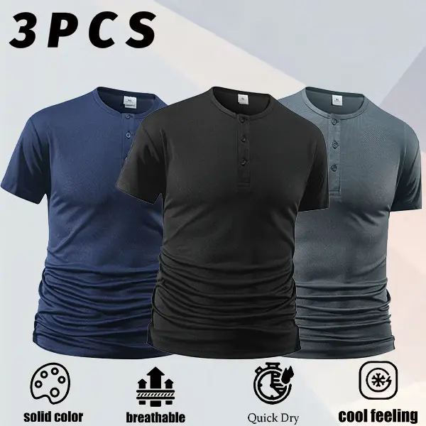 Men's 3-Pack Short-Sleeve Henley Shirts, Solid Colors, Refined Classic Henley Collar, Distinct Clean Design, Premium Fine Knit Skin-Friendly Soft Breathable Fabric, Multiple Shades Available