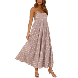 Chouyatou Women's Summer Sleeveless Spaghetti Strap Striped Maxi Dress Bohemian Style Elastic Back Design Flowing Beach Dress