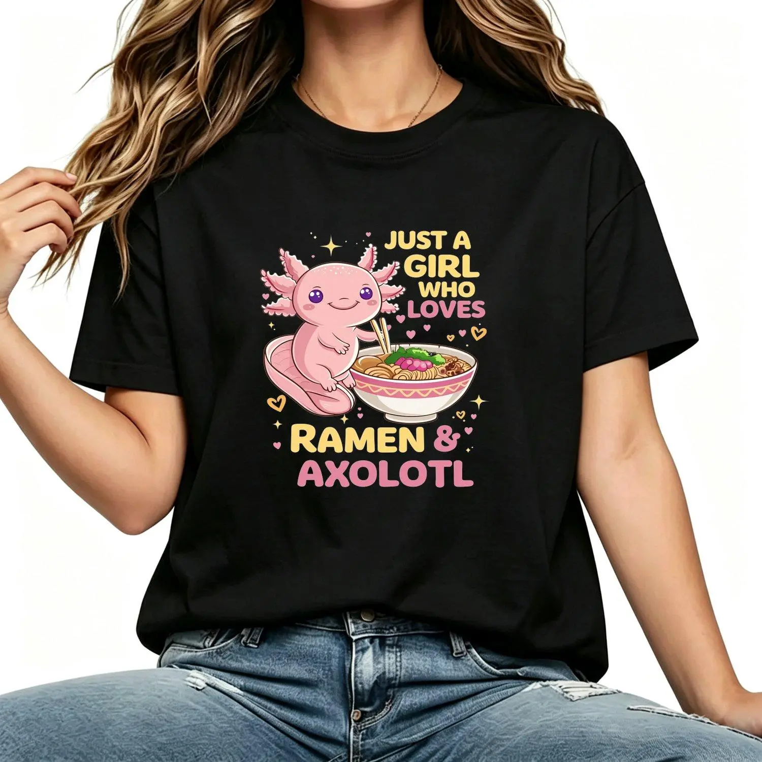 Women's Short-Sleeve Crew Neck Slim-Fit Axolotl Print Ramen Cartoon Graphic T-Shirt, Lightweight Breathable Soft Comfortable Fabric Casual Top
