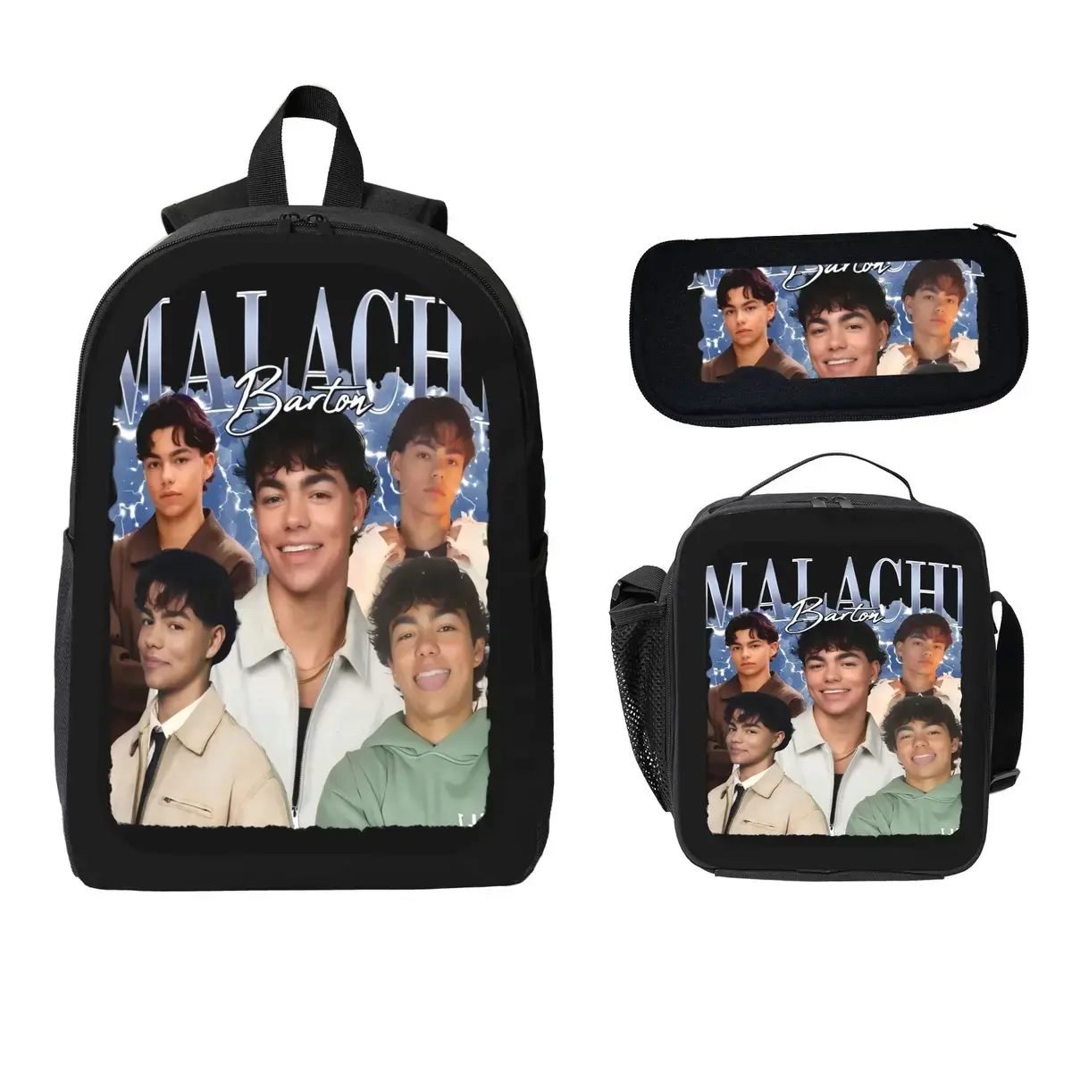 Malachi Barton Celebrity-Themed Versatile 3-Piece Backpack Set - Black Backpack, Lunch Bag, Pencil Case for Students