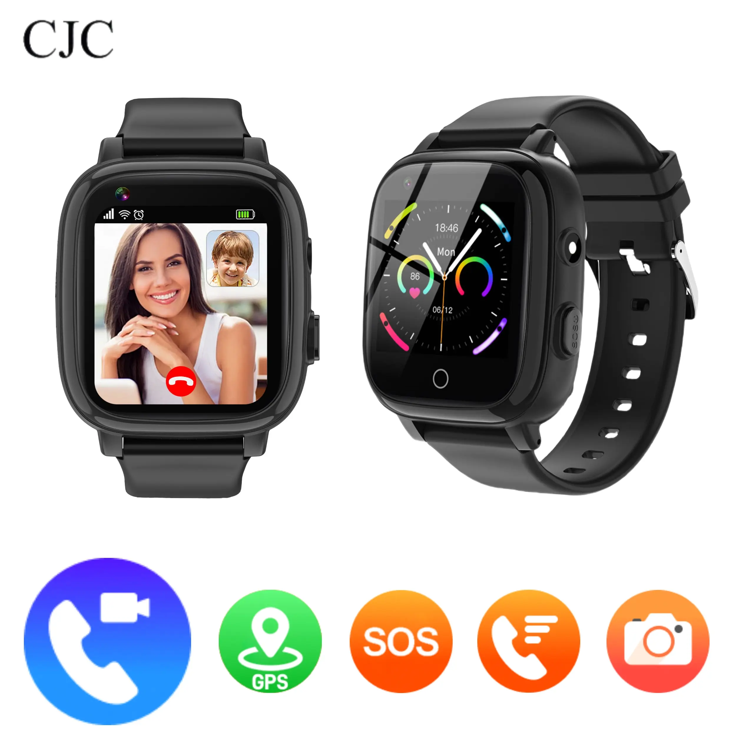CJC 4G Kids' Smart Wristwatch - Cellular Android Water-Resistant Wearable with Touchscreen, GPS Tracker, SOS Alerts, 2-Way Call, Video Chat Camera, Class Mode, LED Display, Stainless Steel Accents, Fitness Features (Black, Birthday Gift), Class Schedule,,