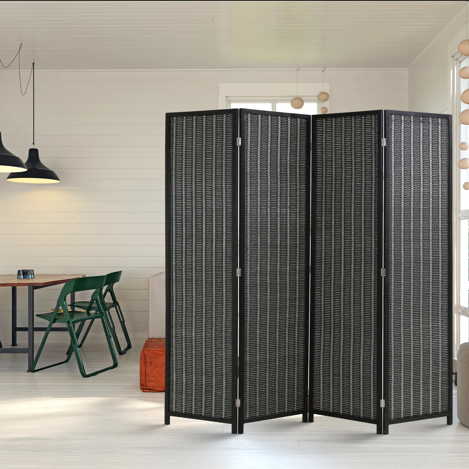 BestOffice Bamboo Room Divider Folding Privacy Screen 4 Panel 72 Inches High 17.7 Inches Wide Room Divider for Living Room Bedroom Study, Black, Natural