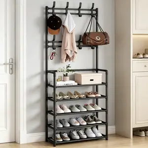Rectangle Metal Shoe Rack Organizer - 5-Layer Storage Cabinet with 8 Clothes Hooks, Above 25 kg Weight Capacity, Durable, Stable, Space-Saving, Multifunctional, Suitable for Home & Office Use