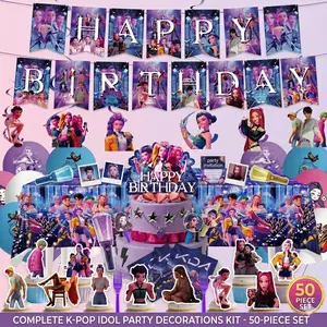 Kpop Idol Theme Birthday Party Decorations Kit - Pop Music Star Anime Happy Birthday Banner, Cake Toppers, Balloons, Tablecloth Set