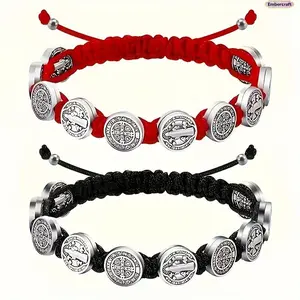 Unisex 2-Piece Adjustable Cord Bangles Bracelets Set - Handwoven Braid Catholic Jewelry with St. Benedict, Virgin Mary Charms, Trendy Stack Bangle for Daily Wear, Holiday Gift