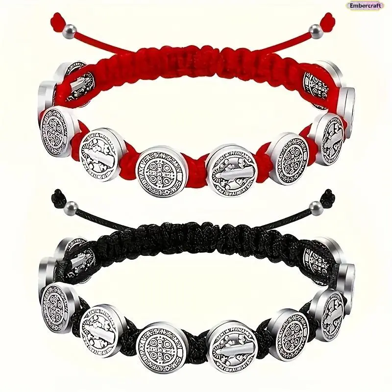 Boho Braided Cord Bracelets Set, Unisex 2-Piece Adjustable & Stackable Beaded Catholic Jewelry with St. Benedict and Virgin Mary Charms, Two Piece Set, Boho Braids