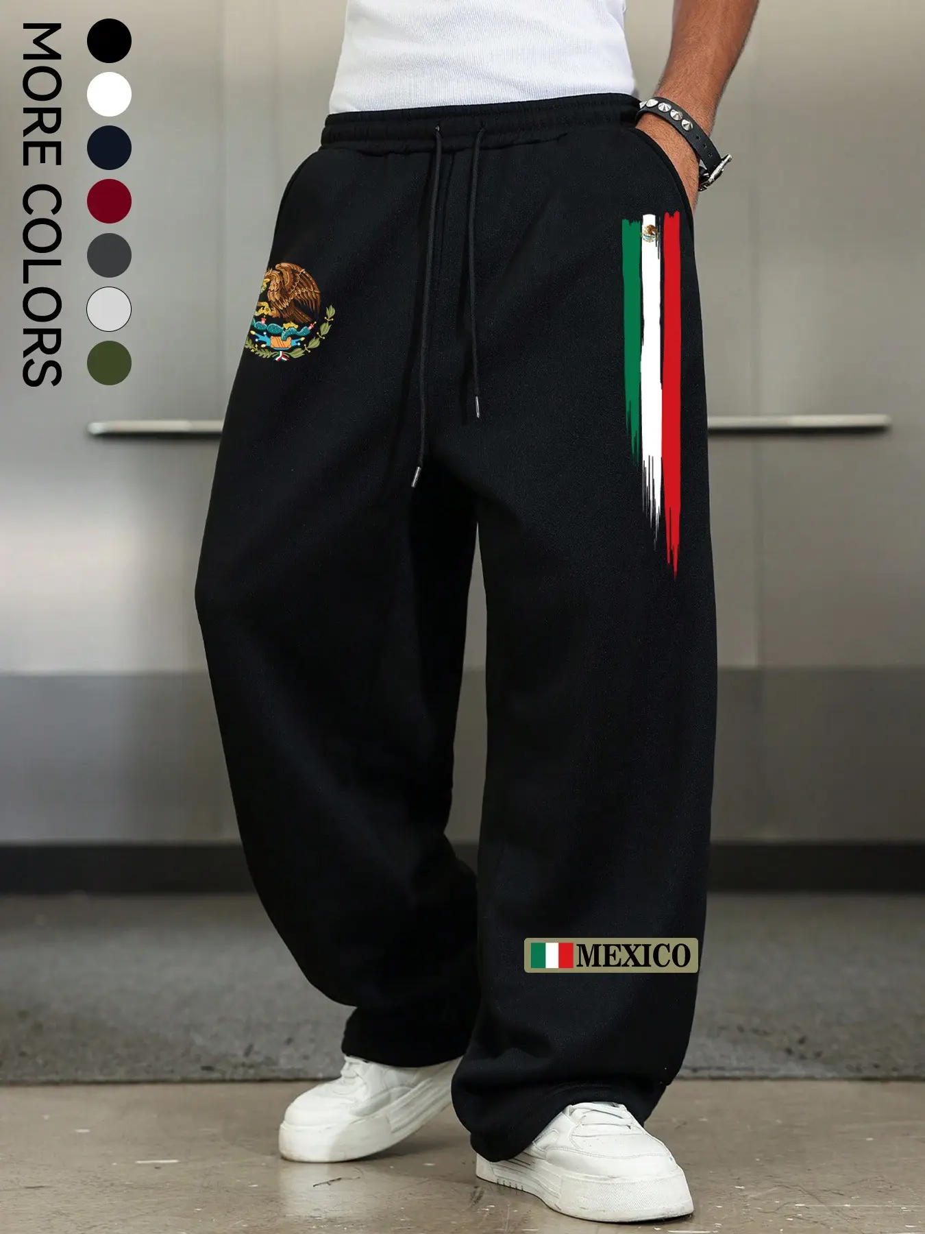 Men's Mexico Emblem Print Wide Leg Sweatpants, Cultural Element Mexican ...