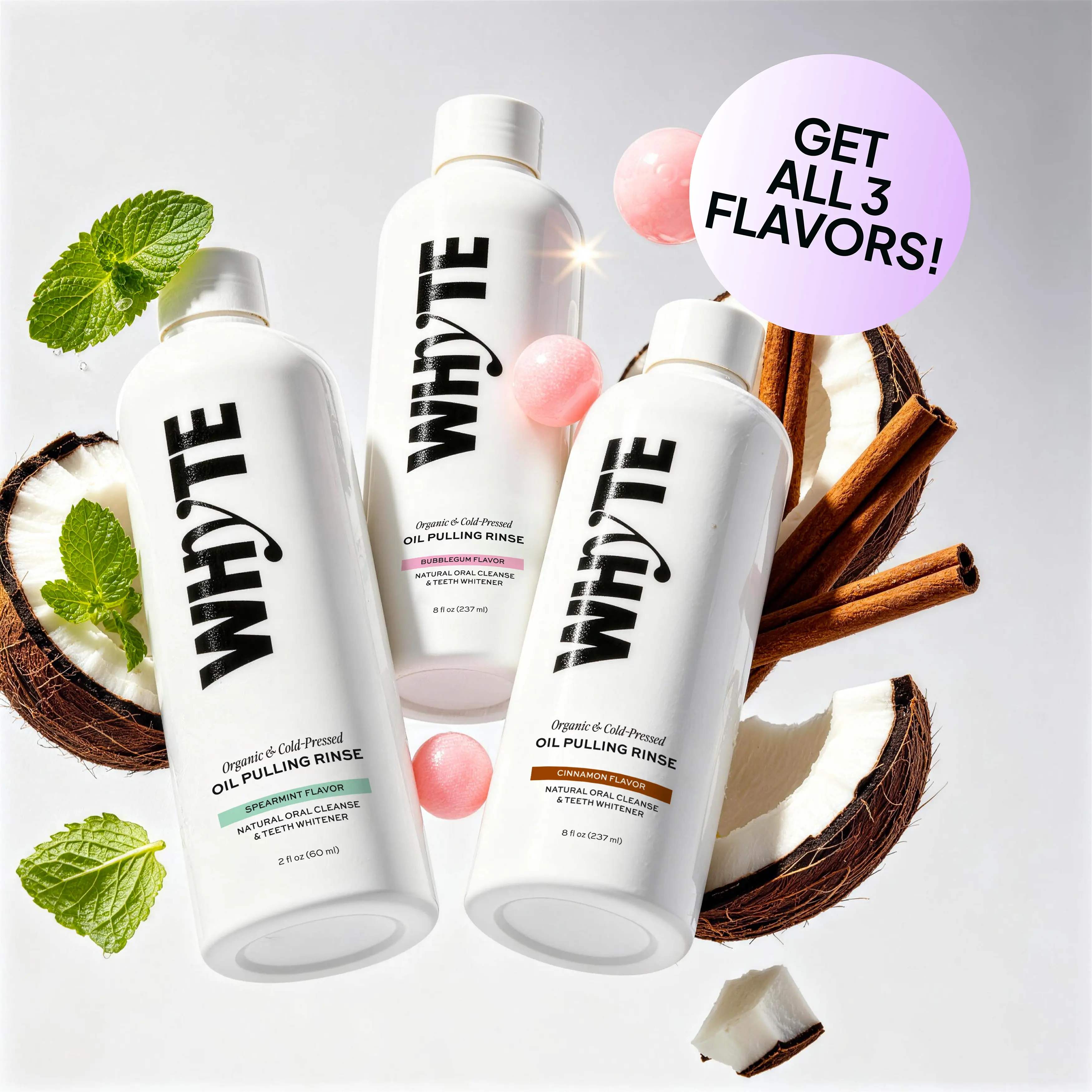 WHYTE Organic Oil Pulling Rinse Bundle (Coconut & Clove Flavors Included) - Daily Gentle Bad Breath Mouthwash, 3 Flavors, 8 fl oz, Alcohol & Fluoride Free, Oral Detox, Teeth Whitening, Fresh Breath, Oral Rinse Liquid, Oral Care Mouthwash